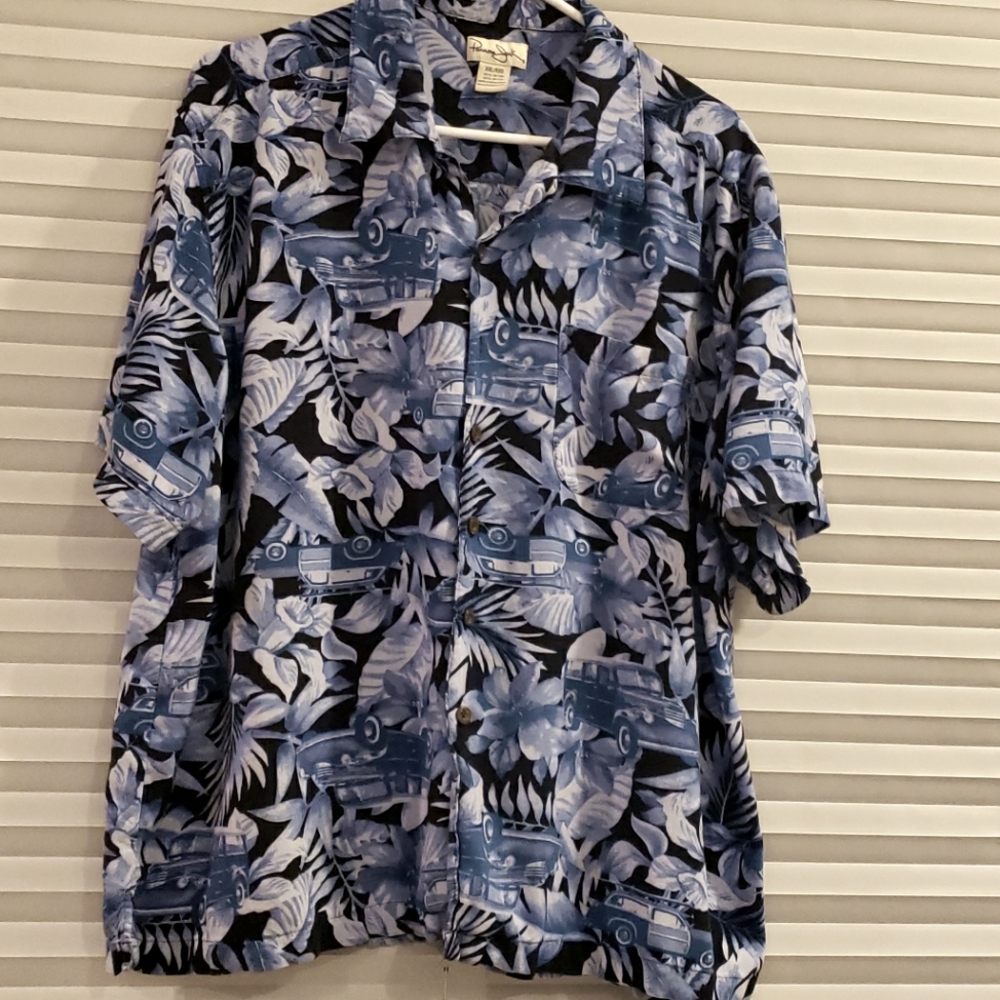 Panama Jack Blue and Black Tropical Car Print Button-Down Shirt